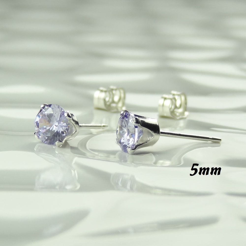 Sterling silver or 14k gold filled faceted Cubic Zirconia stud, post/butterfly earrings in a gift box - 5mm - Lavender pale purple - June/Alexandrite