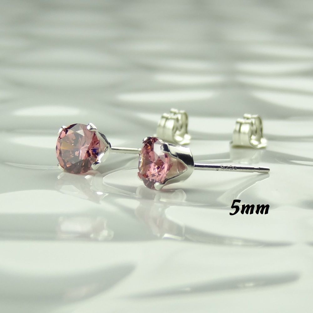 Sterling silver or 14k gold filled faceted Cubic Zirconia stud, post & butterfly earrings, in a gift box - 5mm - Rhodolite pink