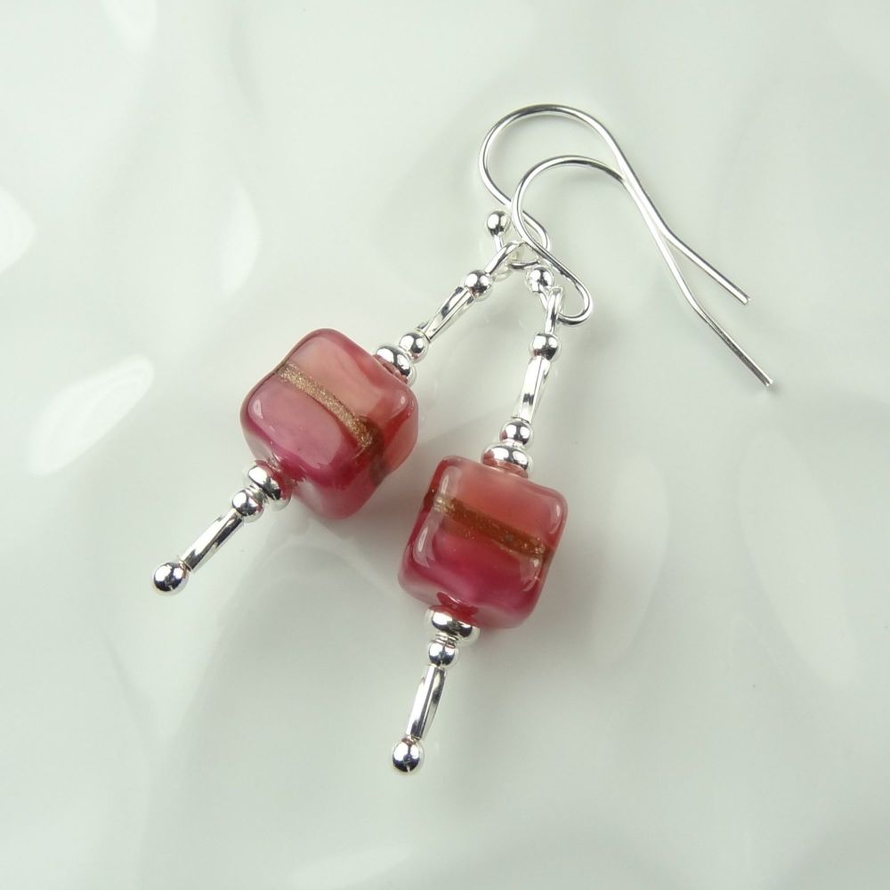 Pink rose ruby aventurine satin Murano glass cube sterling silver earrings