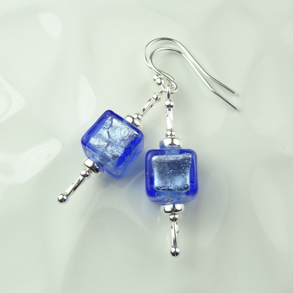 Blue Sapphire Silver Foiled Murano glass cube sterling silver earrings