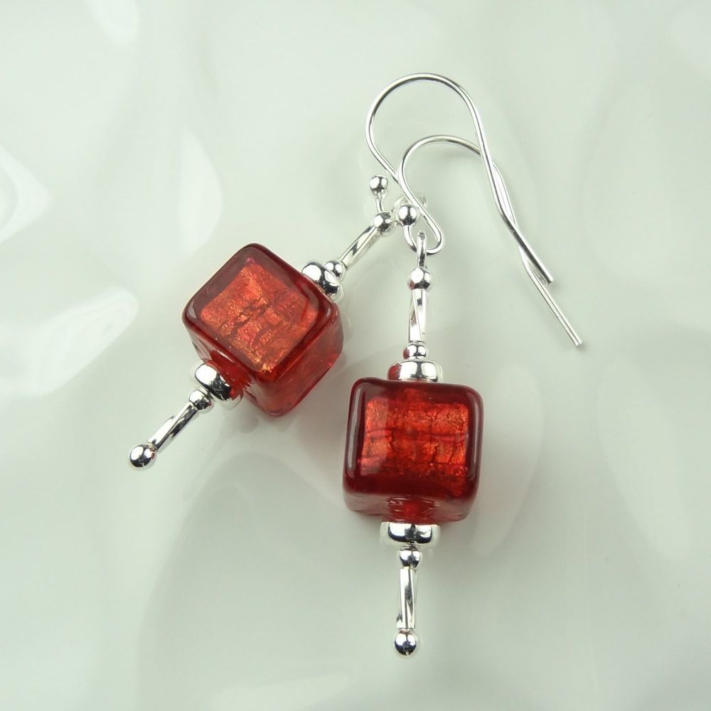 Red Rubino Gold Foiled Murano glass cube sterling silver earrings