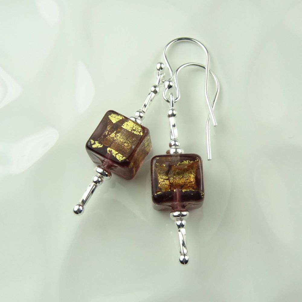 8mm (+/-) genuine Murano glass cube & sterling silver drop earrings, in a gift box - purple Amethyst 24k gold foil band