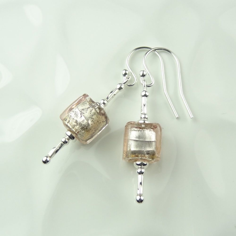 Pale pink silver foiled Murano glass cube sterling silver earrings