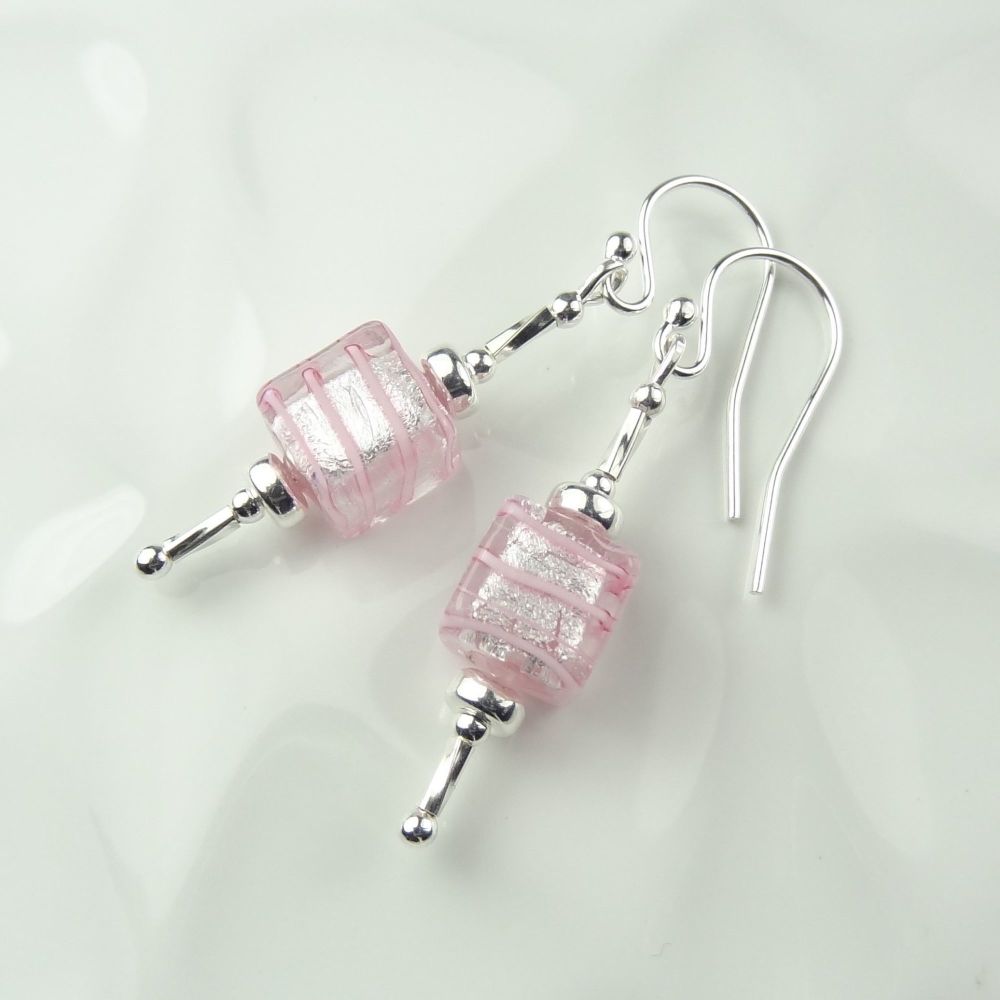 Silver Foiled with Pink Spiral Murano glass cube sterling silver earrings