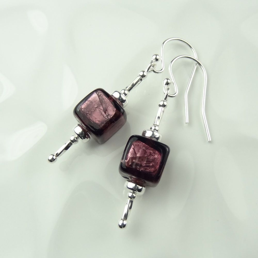 8mm (+/-) genuine Murano glass cube & sterling silver drop earrings, in a gift box - purple Amethyst Silver Foiled