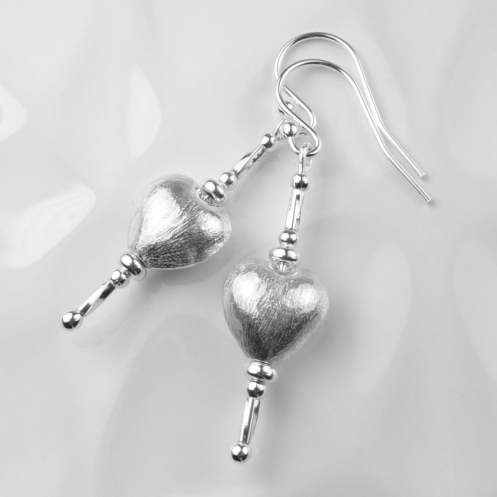 Brushed finish 10mm puffed heart sterling silver drop earrings