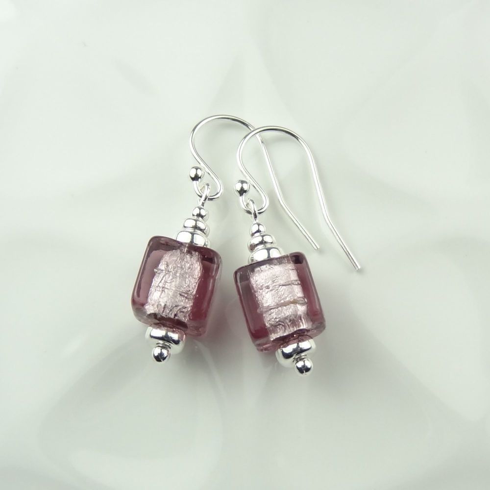 Light Amethyst Silver Murano glass cube & sterling silver drop earrings