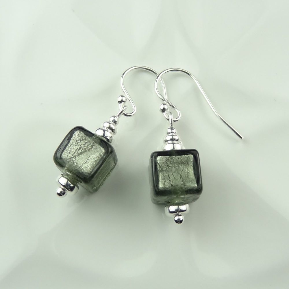 Gunmetal Grey White Gold Foil Murano glass cube & sterling silver earrings