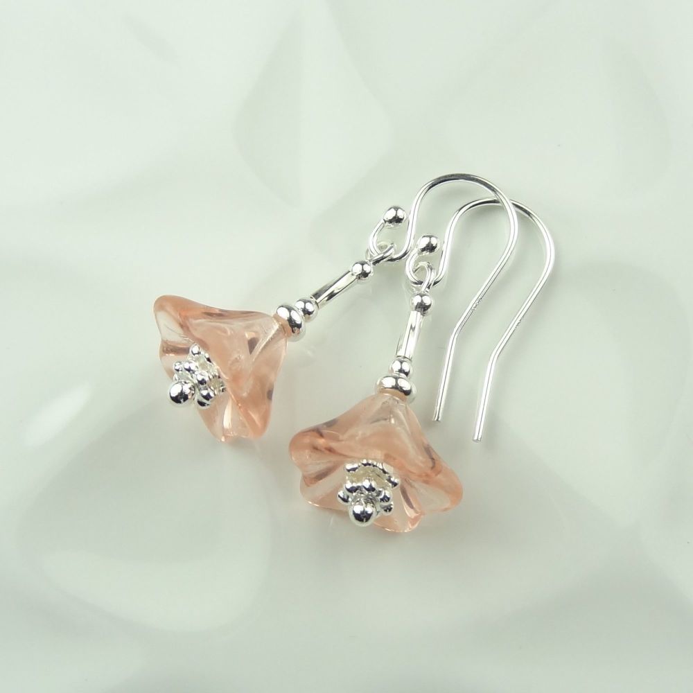 Peach Czech glass bell flowers & sterling silver drop earrings in a gift box (12mm flowers)