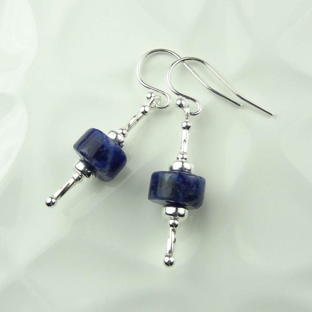 8mm (+/-) tyre shaped blue Sodalite semi-precious stone & sterling silver drop earrings with twists, in a gift box