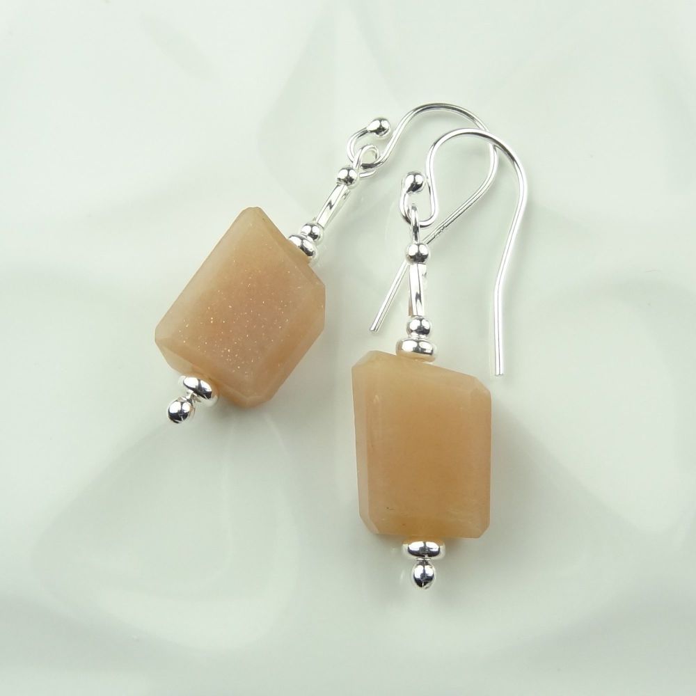 Peach Moonstone faceted nugget semi-precious stone & sterling silver drop earrings, in a gift box (twists) - June birthday birthstone