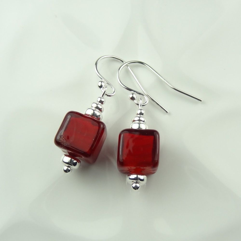 8mm (+/-) genuine Murano glass cube & sterling silver drop earrings, in a gift box ~ Ruby Red