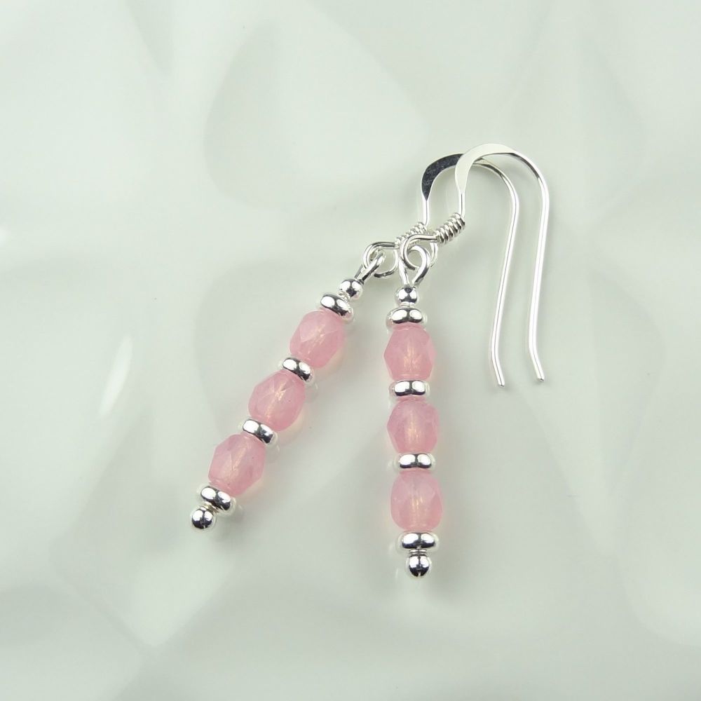 Light Milky Pink fire polished Czech glass sterling silver drop earrings