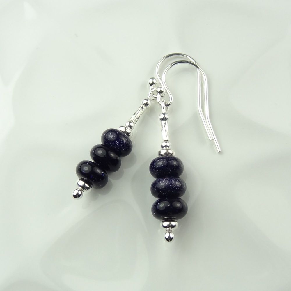 Blue Goldstone rondelles & sterling silver drop earrings in a gift box (top twist)