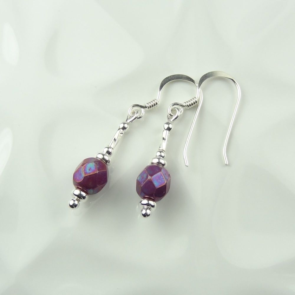 6mm chalk white iris purple faceted fire polished Czech glass & sterling silver drop earrings in a gift box (top twist)