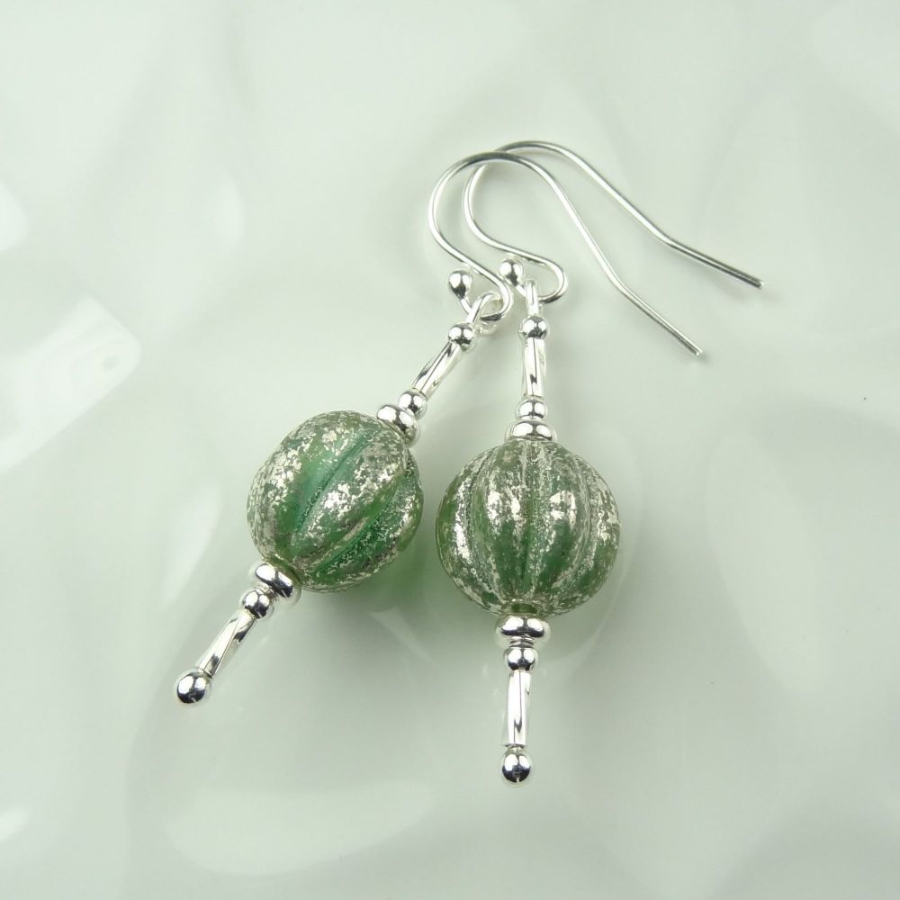 Light green with silver melon shaped Czech glass sterling silver drop earri