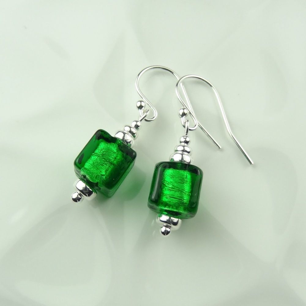 Emerald green Murano glass cube sterling silver drop earrings