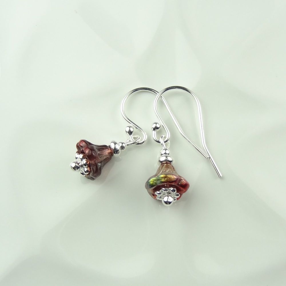 Dainty/small crystal magic wine Czech glass bell flowers & sterling silver drop earrings in a gift box (7mm flowers)