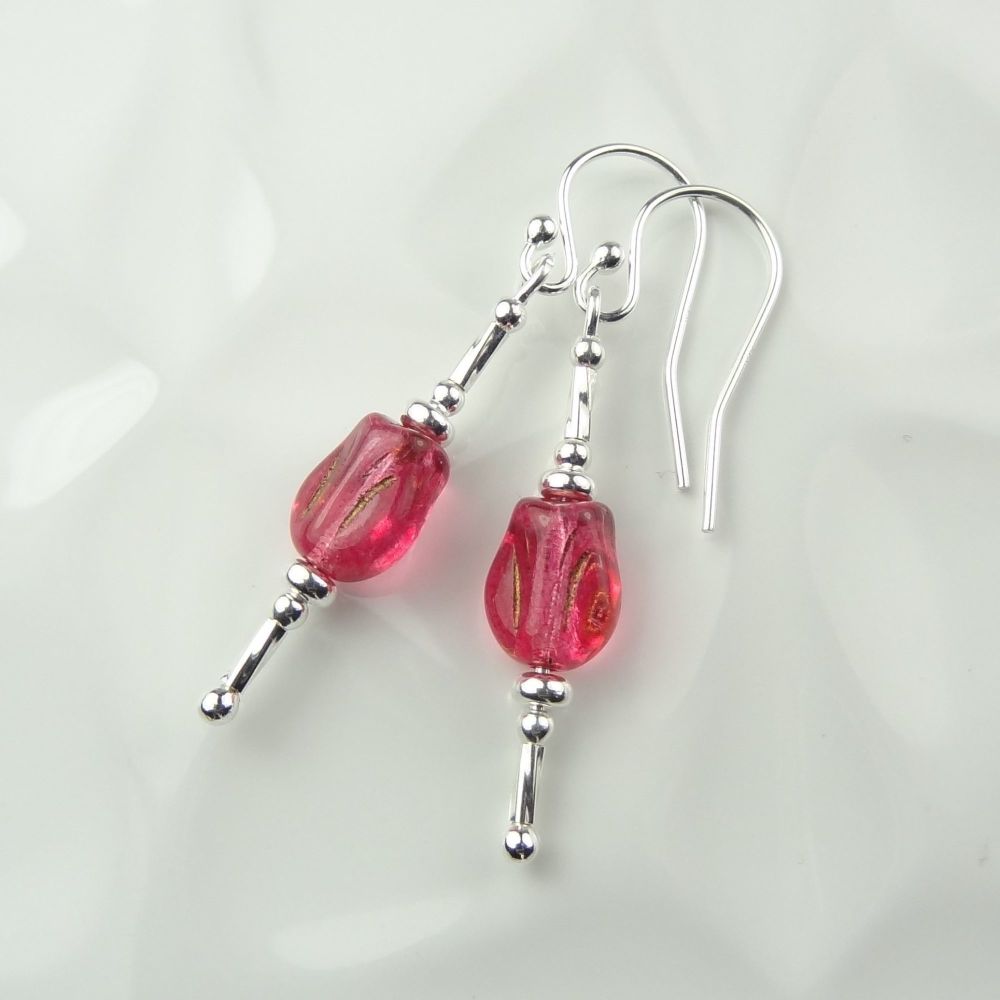 Rose Luster pink Czech glass tulip flower & sterling silver, double twist, drop earrings in a gift box