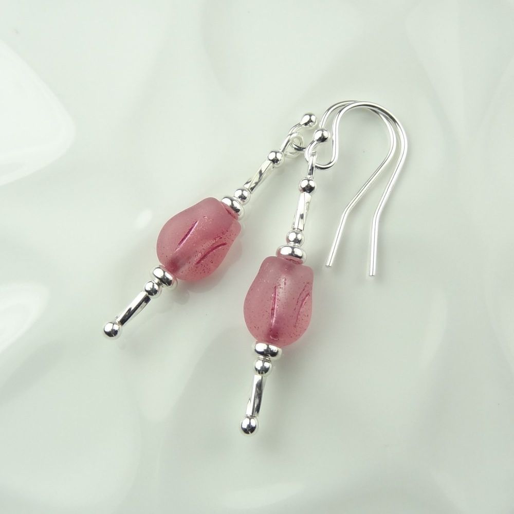 Frosted pink Czech glass tulip flower & sterling silver, double twist, drop earrings in a gift box