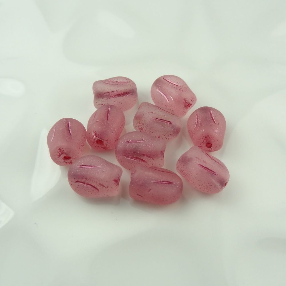 Frosted pink Czech glass tulip flower & sterling silver, double twist, drop earrings in a gift box