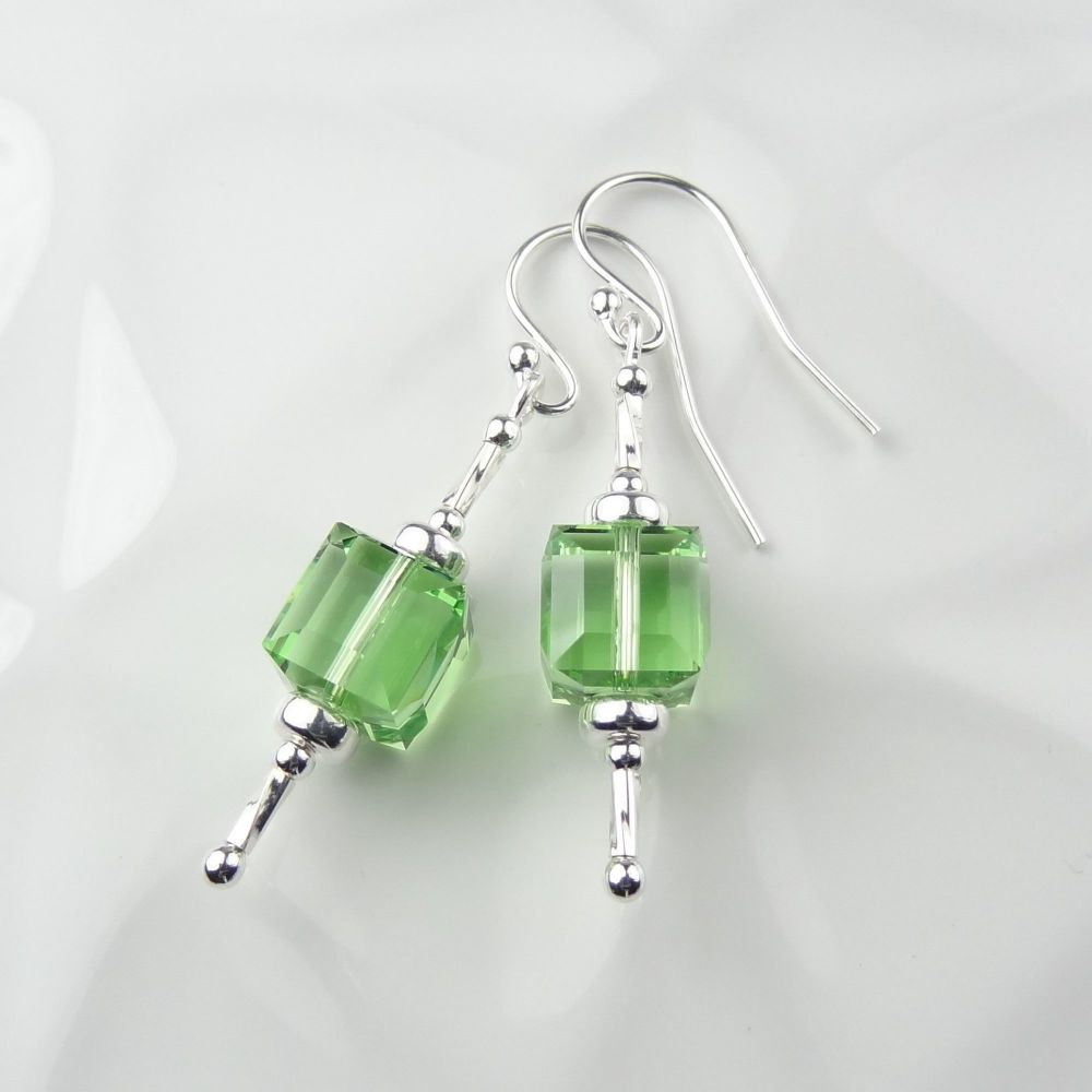 Sterling silver earrings made with Peridot green faceted cube Swarovski Ele