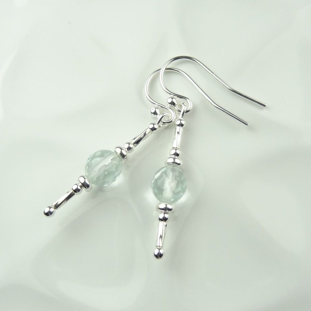 6mm (+/-) pale blue faceted Sea glass & sterling silver drop earrings, in a gift box (twisted tubes)