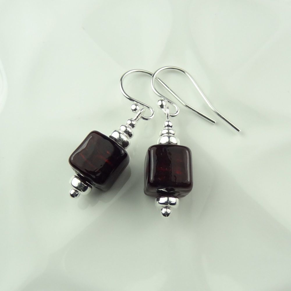 8mm (+/-) genuine Murano glass cube & sterling silver drop earrings, in a gift box ~ Darkest Ruby Red Silver Foiled