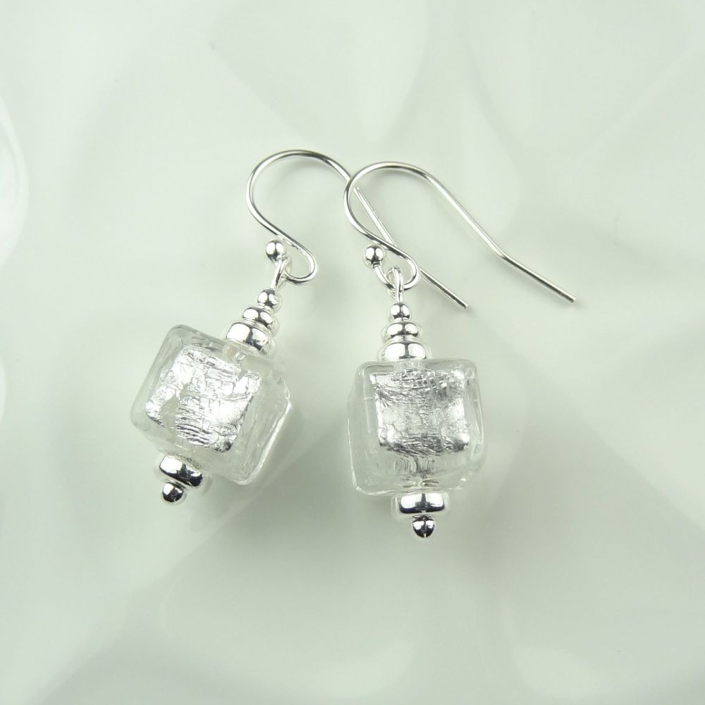 Crystal silver foiled genuine Murano glass cube & sterling silver drop earr