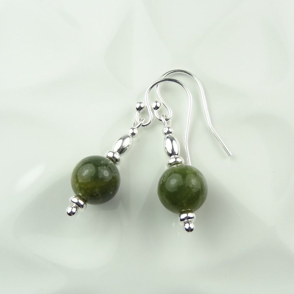 8mm (+/-) green Nephrite semi-precious stone & sterling silver drop earrings, in a gift box