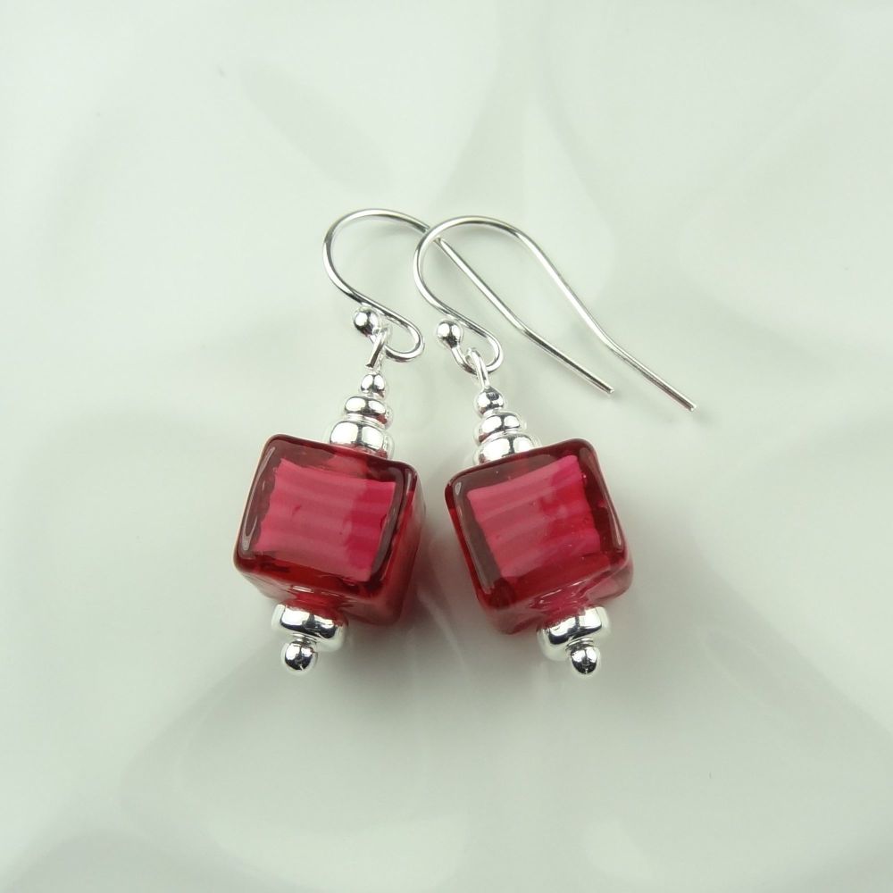 8mm (+/-) genuine Murano glass cube & sterling silver drop earrings, in a gift box ~ Raspberry White Core pink