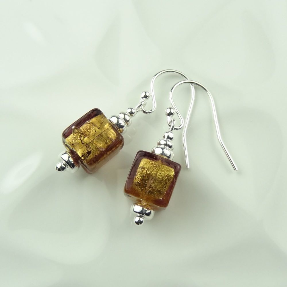 Chocolate Amethyst gold foiled Murano glass cube & sterling silver earrings