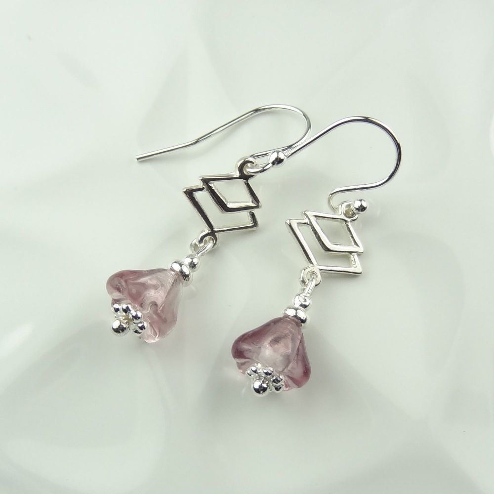 Purple amethyst & clear Czech glass bell flower & sterling silver earrings