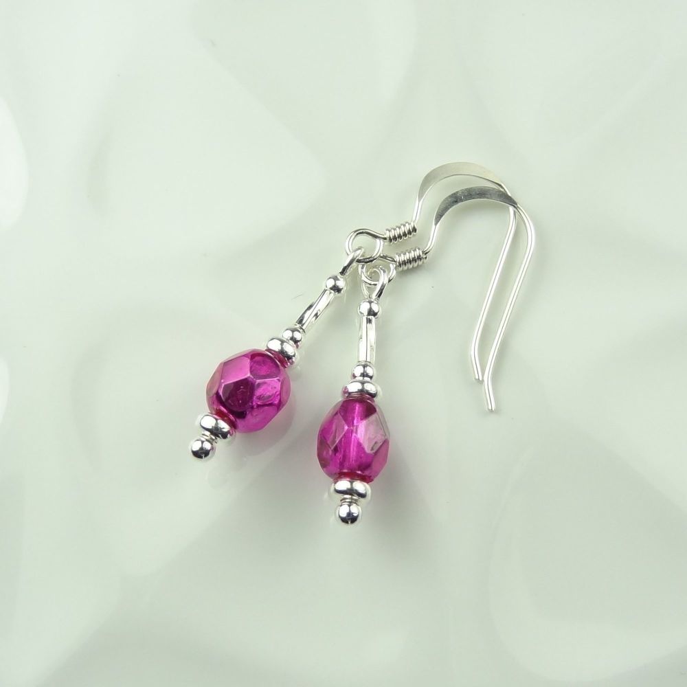 5mm hot pink opaque & clear faceted fire polished Czech glass and sterling silver drop/dangle earrings in a gift box (top twist)