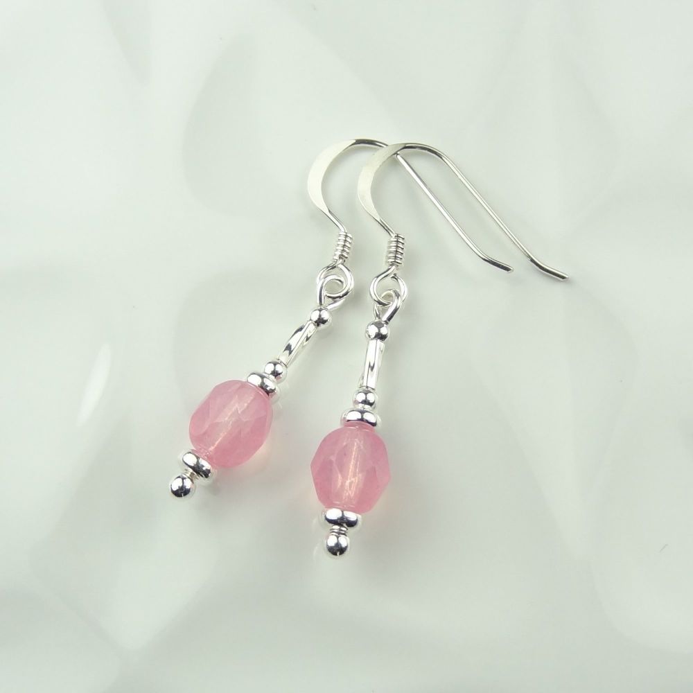 Milky pink faceted fire polished Czech glass sterling silver drop earrings