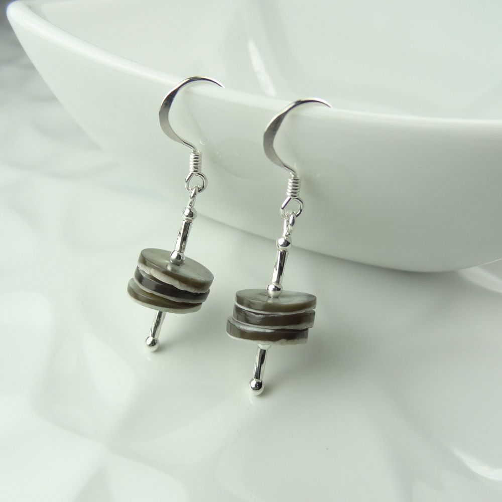 Shell discs & sterling silver drop earrings with twists