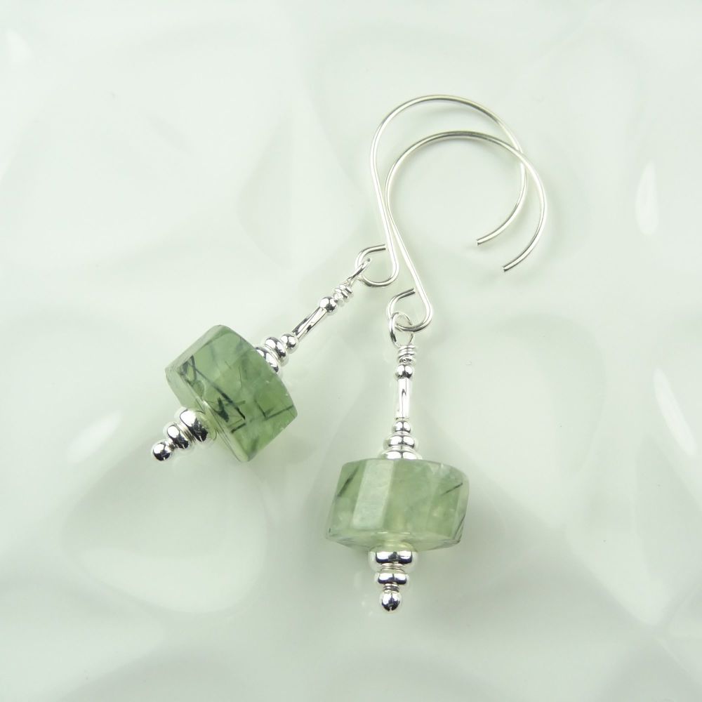 Green Prehnite tyre shaped semi-precious stone & sterling silver drop earrings with twists, in a gift box - 11mm (+/-) tyres