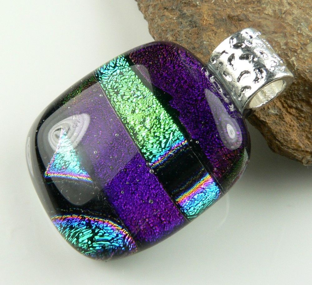 3.4cm multi-coloured genuine Dichroic glass pendant, with leather cord & gift box (#9078)