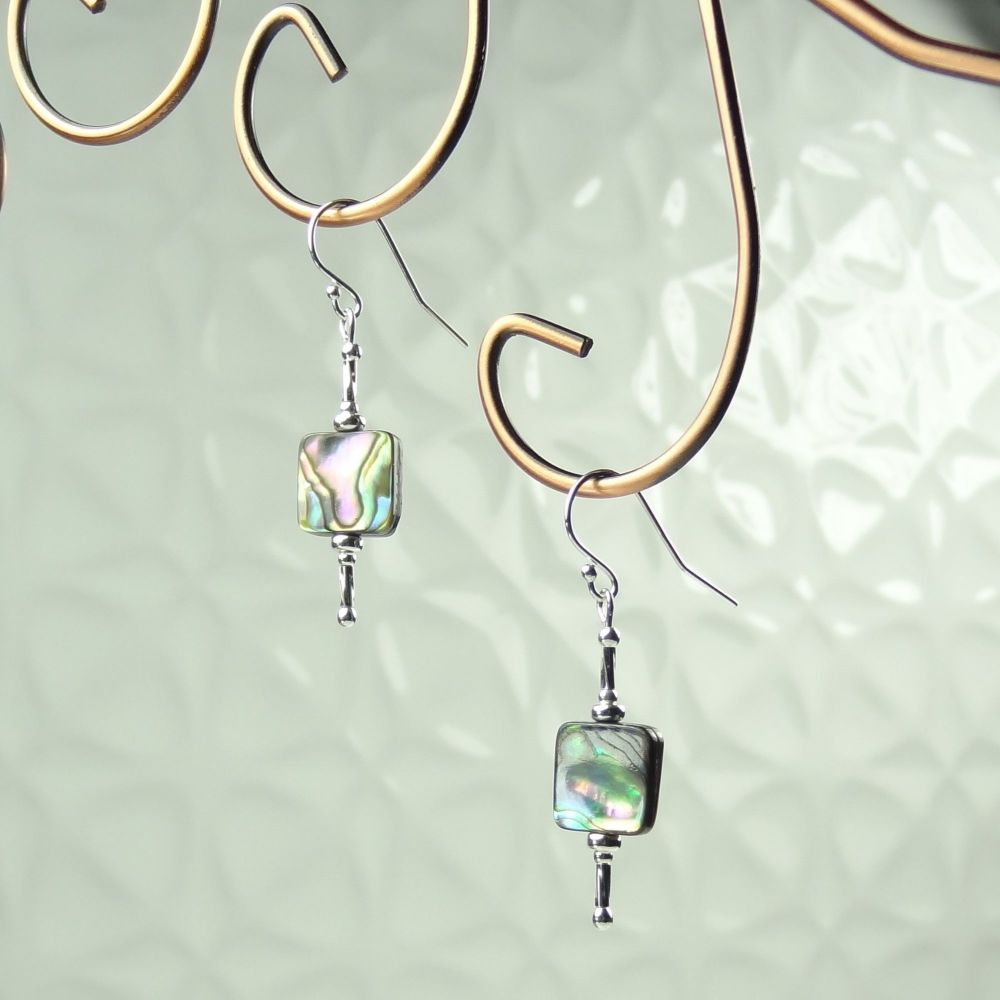 10mm (+/-) square iridescent nacre Abalone shell & sterling silver drop earrings, in a gift box (#267)
