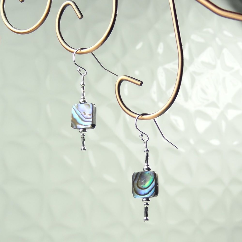 10mm (+/-) square iridescent nacre Abalone shell & sterling silver drop earrings, in a gift box (#259)