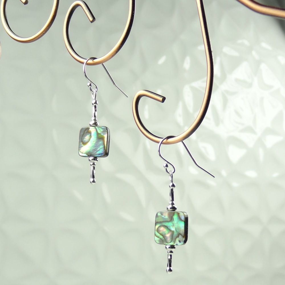 10mm (+/-) square iridescent nacre Abalone shell & sterling silver drop earrings, in a gift box (#271)