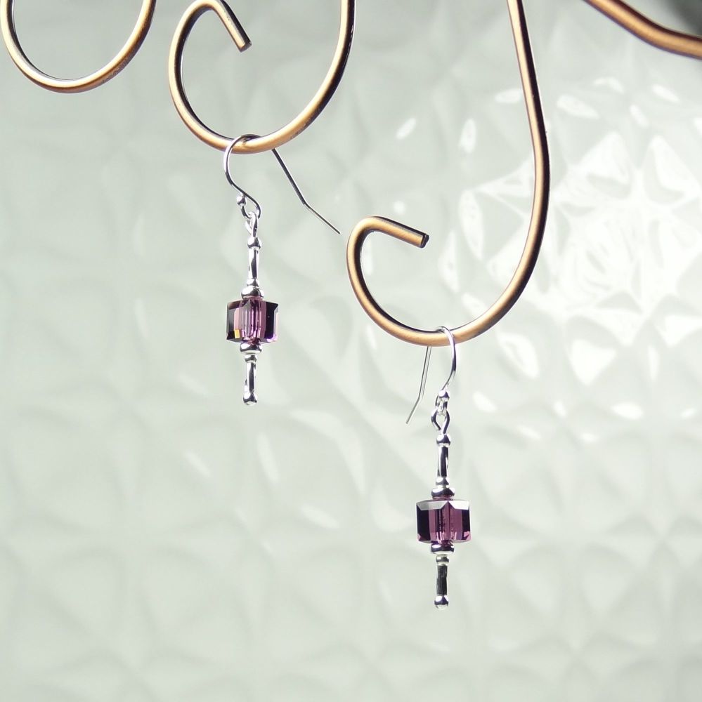Sterling silver earrings made with 6mm Amethyst purple faceted cube Swarovski Elements in a gift box (#286)