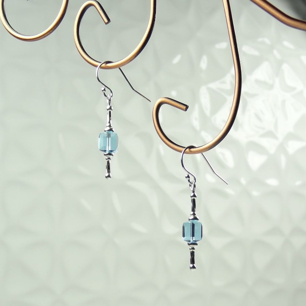 Sterling silver earrings made with 6mm Aquamarine blue faceted cube Swarovski Elements in a gift box (#283)