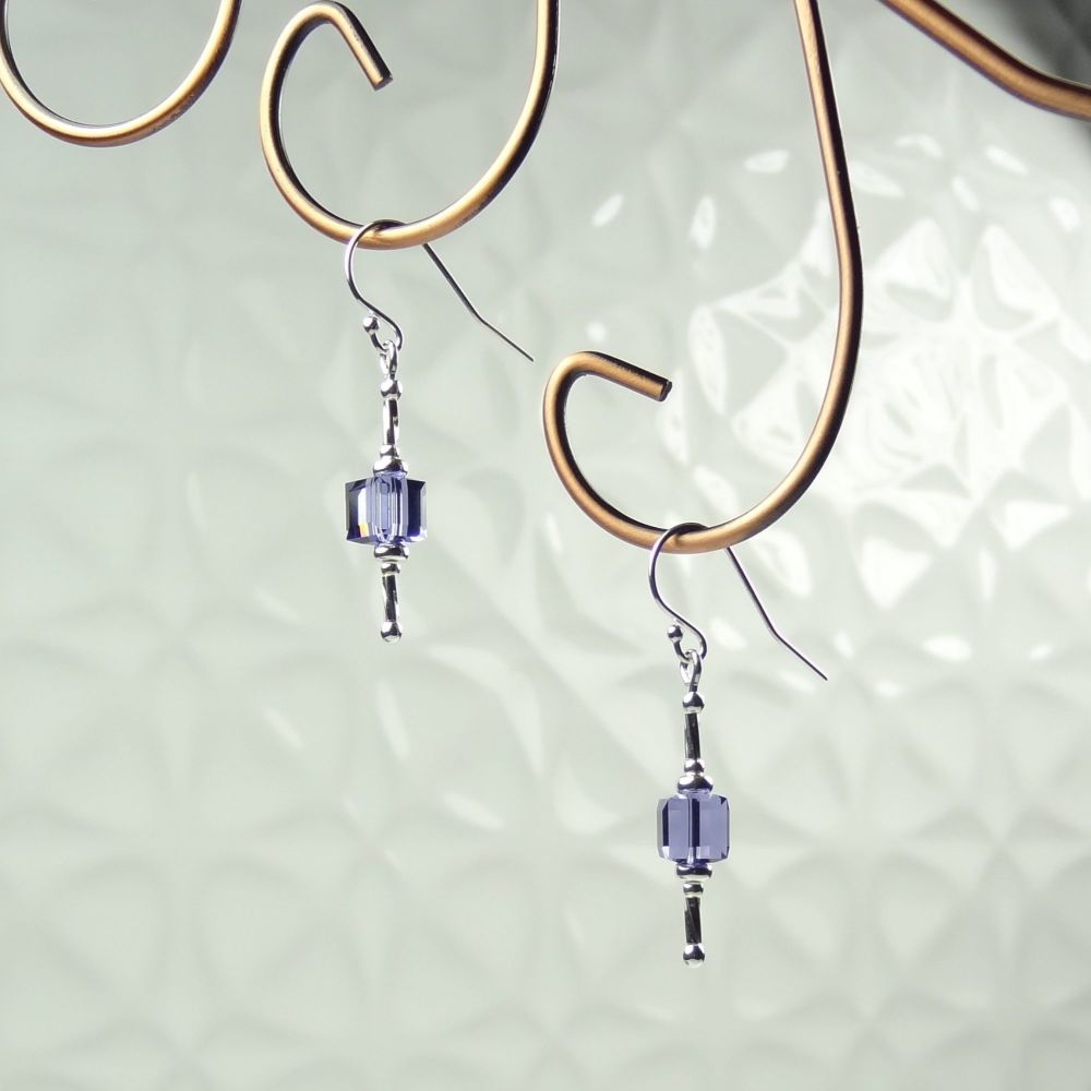 Sterling silver earrings made with 6mm Tanzanite purple faceted cube Swarovski Elements in a gift box (#65)
