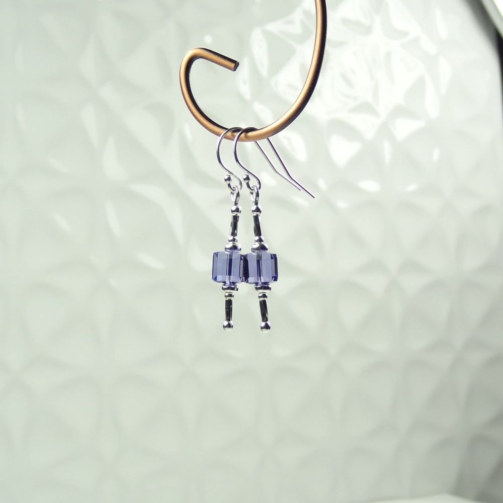 Sterling silver earrings made with 6mm Tanzanite purple faceted cube Swarovski Elements in a gift box (#65)