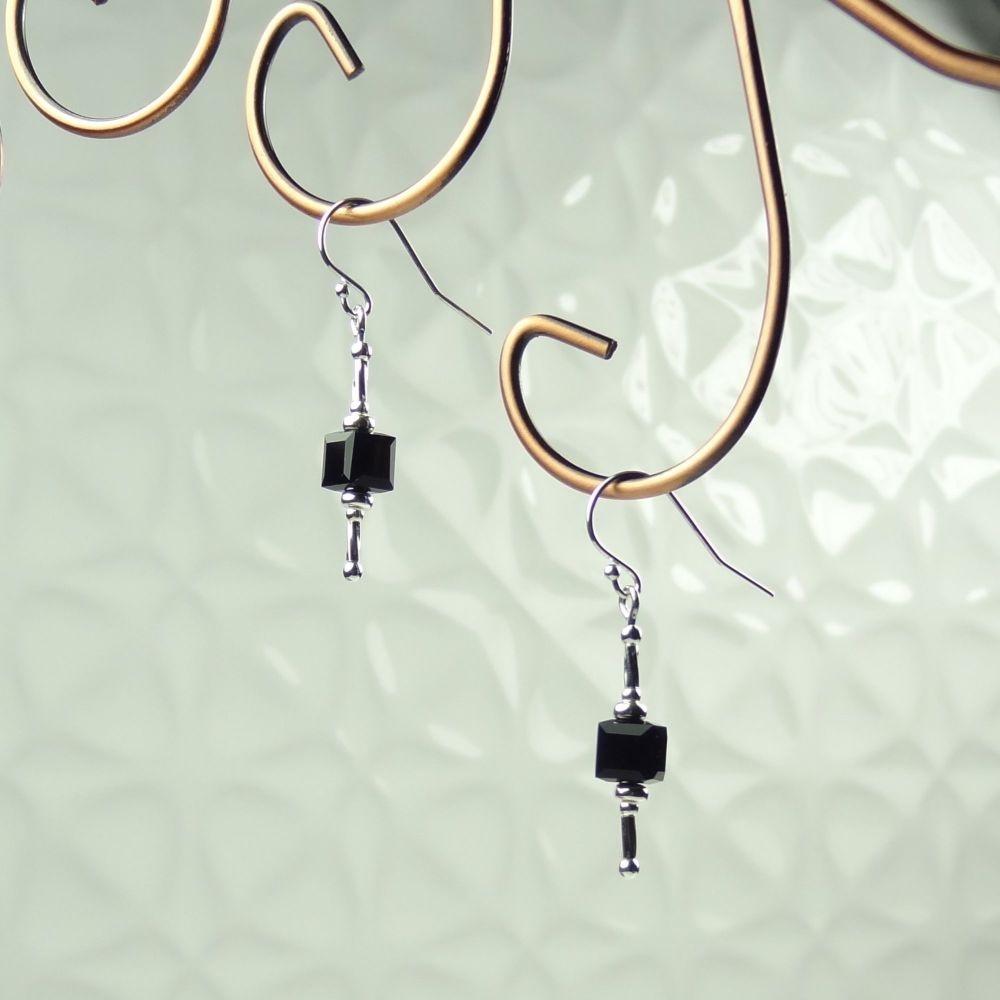 Sterling silver earrings made with 6mm Jet black faceted cube Swarovski Elements in a gift box (#261)