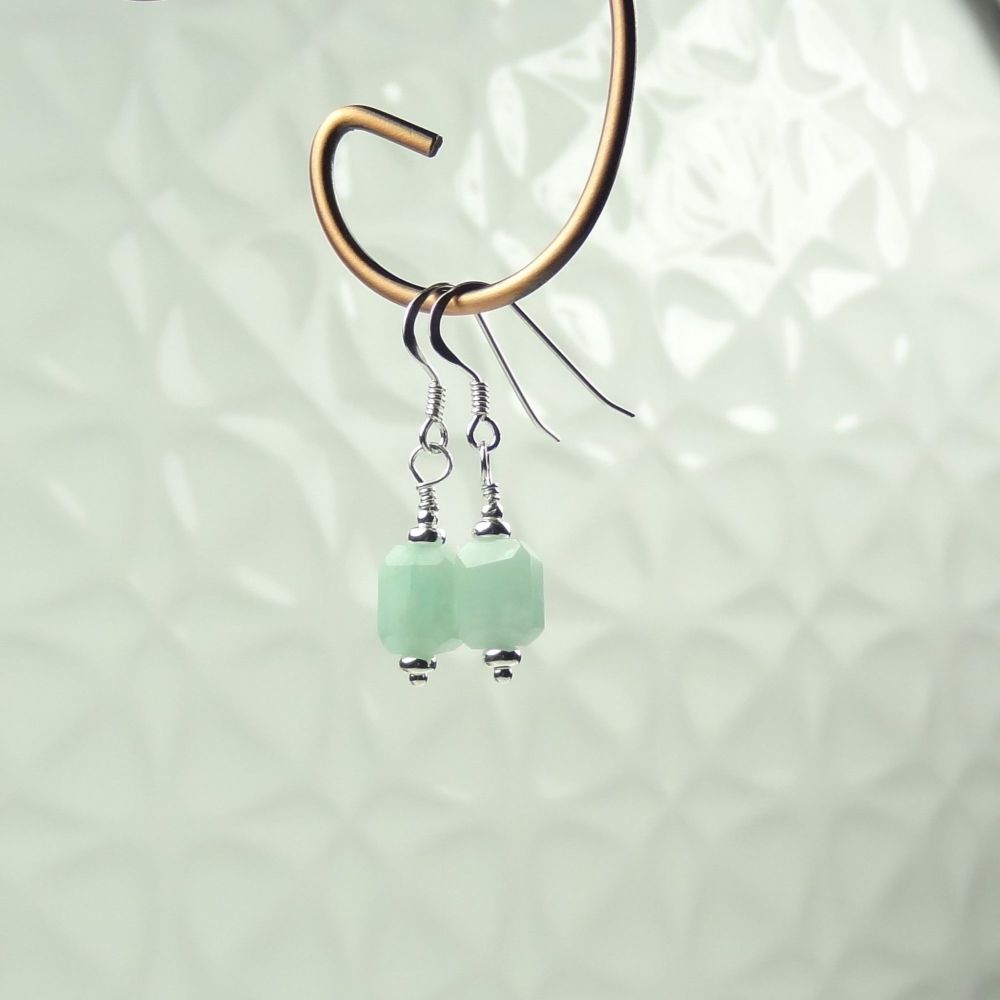 Sterling silver 6mm (+/-) faceted nugget green Amazonite semi-precious stone drop earrings, in a gift box (#260)