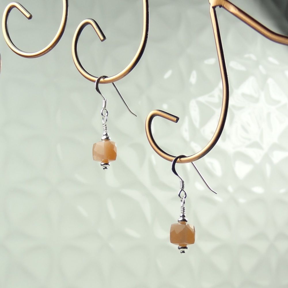 Peach Moonstone 6mm (+/-) faceted cube semi-precious stone & sterling silver drop earrings, in a gift box - June birthday birthstone (#181)