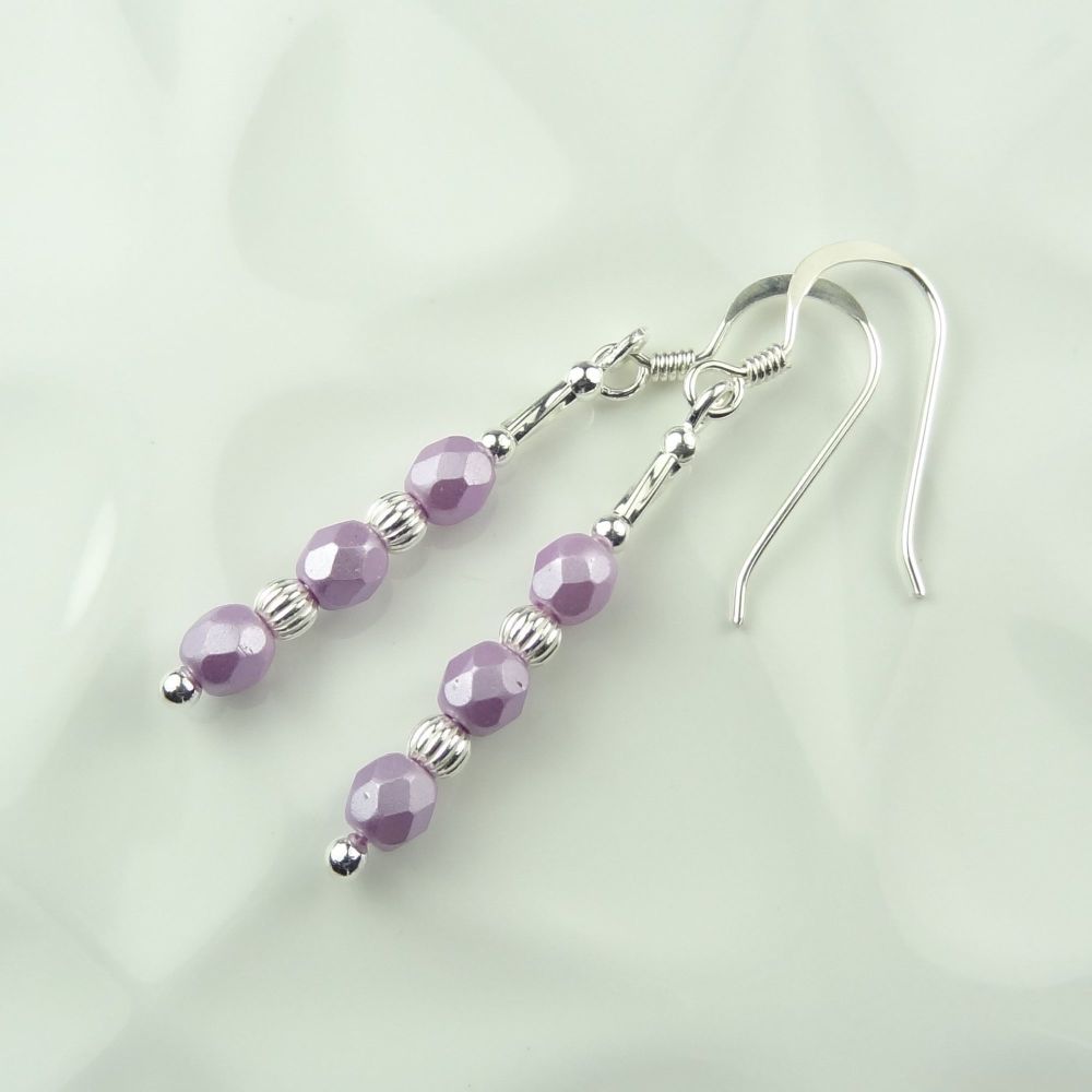 4mm (+/-) Alabaster pastel light rose pale purple fire polished Czech glass & sterling silver drop earrings in a gift box (fluted/ribbed)