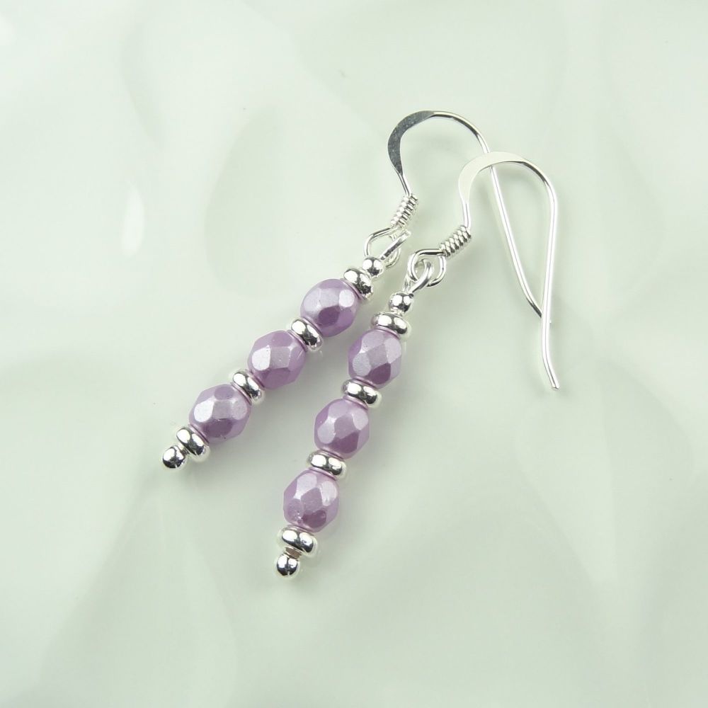 4mm (+/-) Alabaster pastel light rose pale purple fire polished Czech glass & sterling silver drop/dangle earrings in a gift box (tyre)